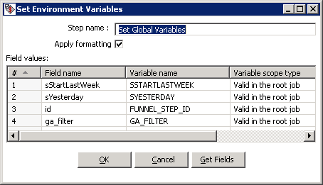 Pentaho dialog for setting environment variables