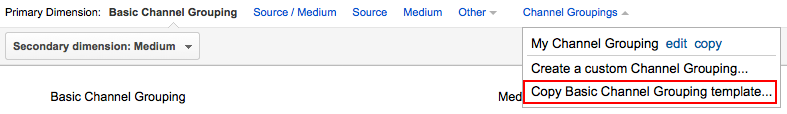 Google Analytics channel grouping menu 