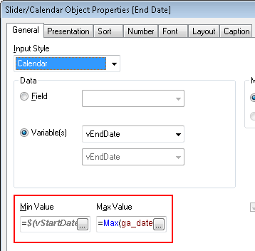 Qlikview calendar object properties dialog